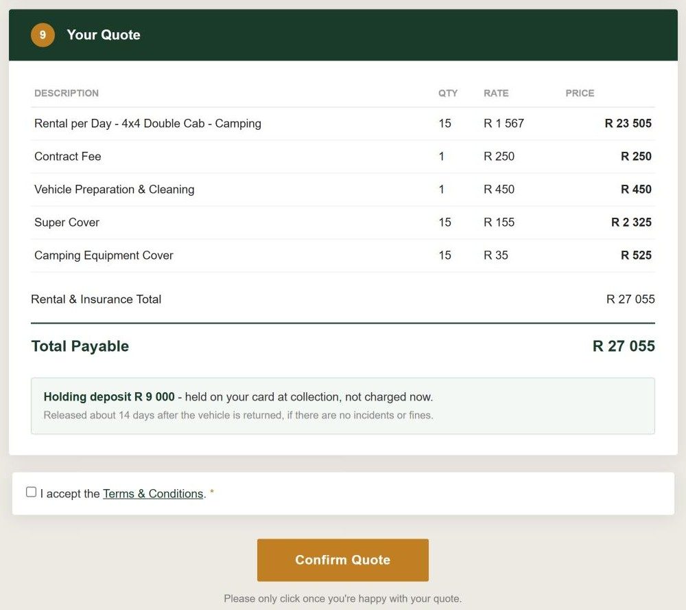 A client quote in Kairoo with rental, fees and insurance itemised, the total payable and the card hold explained