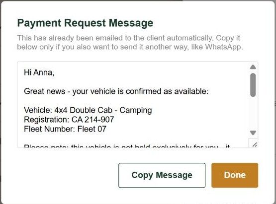 The payment request message Kairoo emails to the client, with a button to copy it for WhatsApp